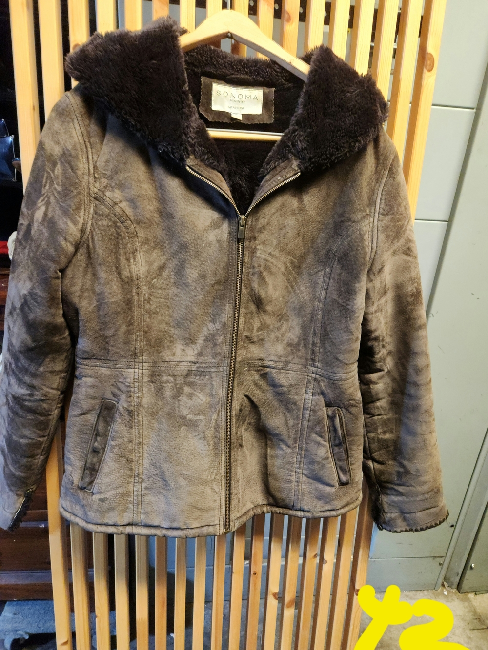Sonoma Brown Suede Leather Faux Fur Lined Hooded Full Zip Jacket Women’s M
